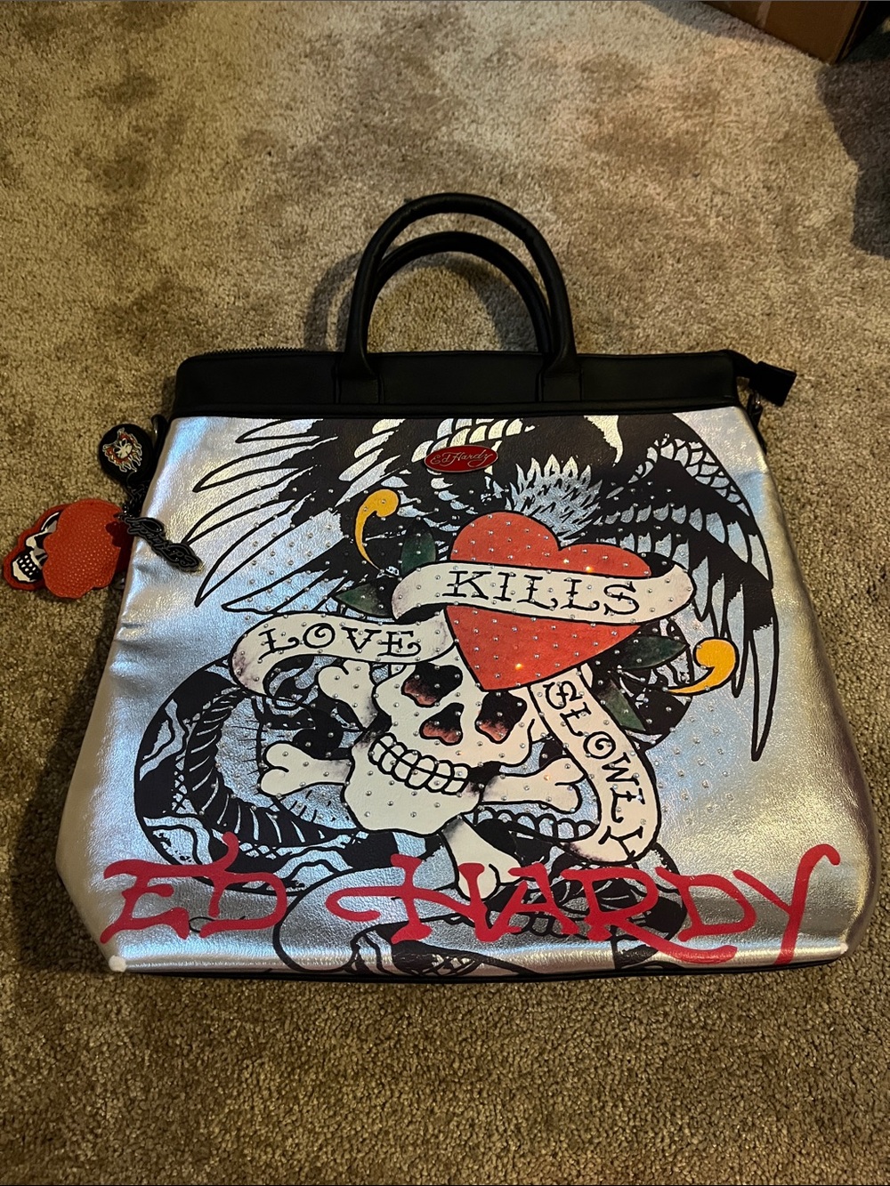 Ed Hardy Black, Silver and Red Graphic Tote with Stud Accents